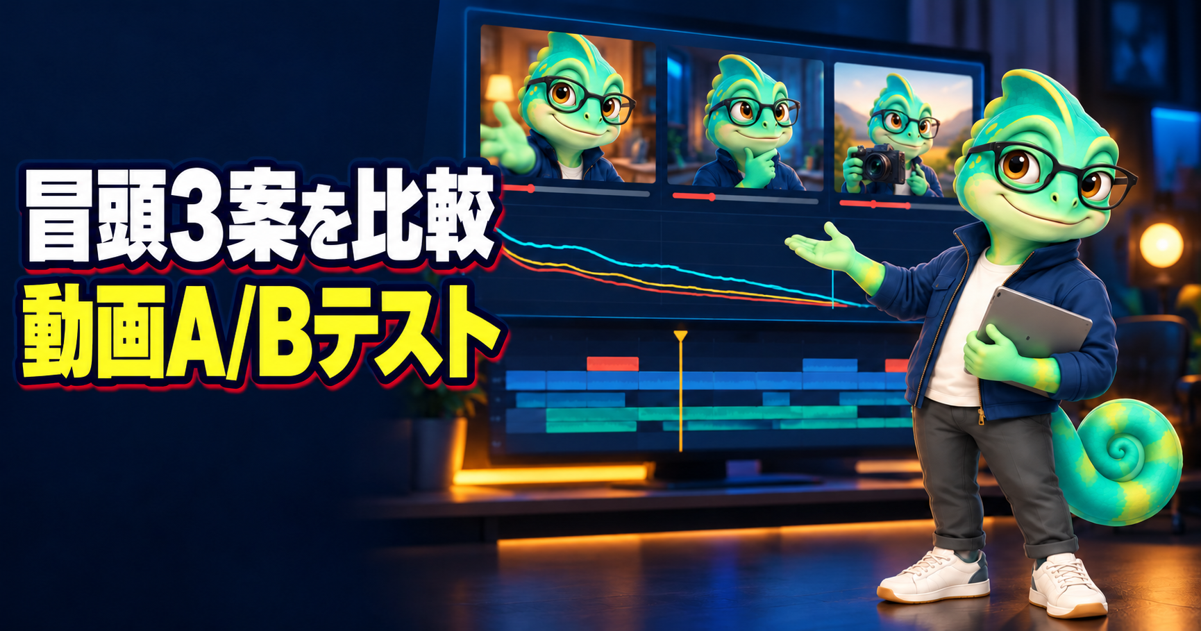 公式カメロがYouTubeの動画A/Bテストとは？3つの冒頭を比べる前に準備することを案内するイラスト