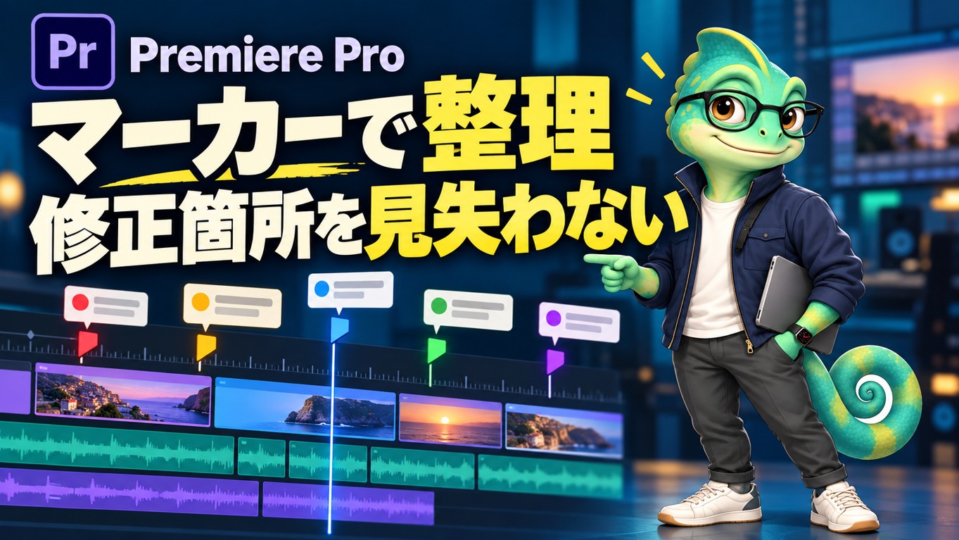 カメロがPremiere Proのマーカーを使った修正箇所の整理を説明するイラスト