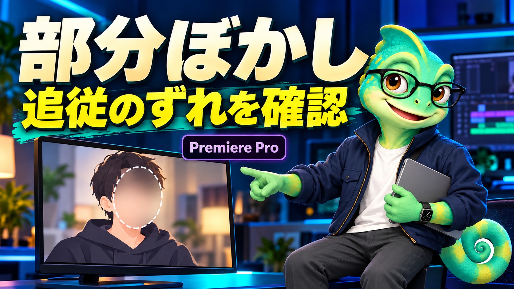 カメロがPremiere Proの部分ぼかしとマスク追従を案内するイラスト