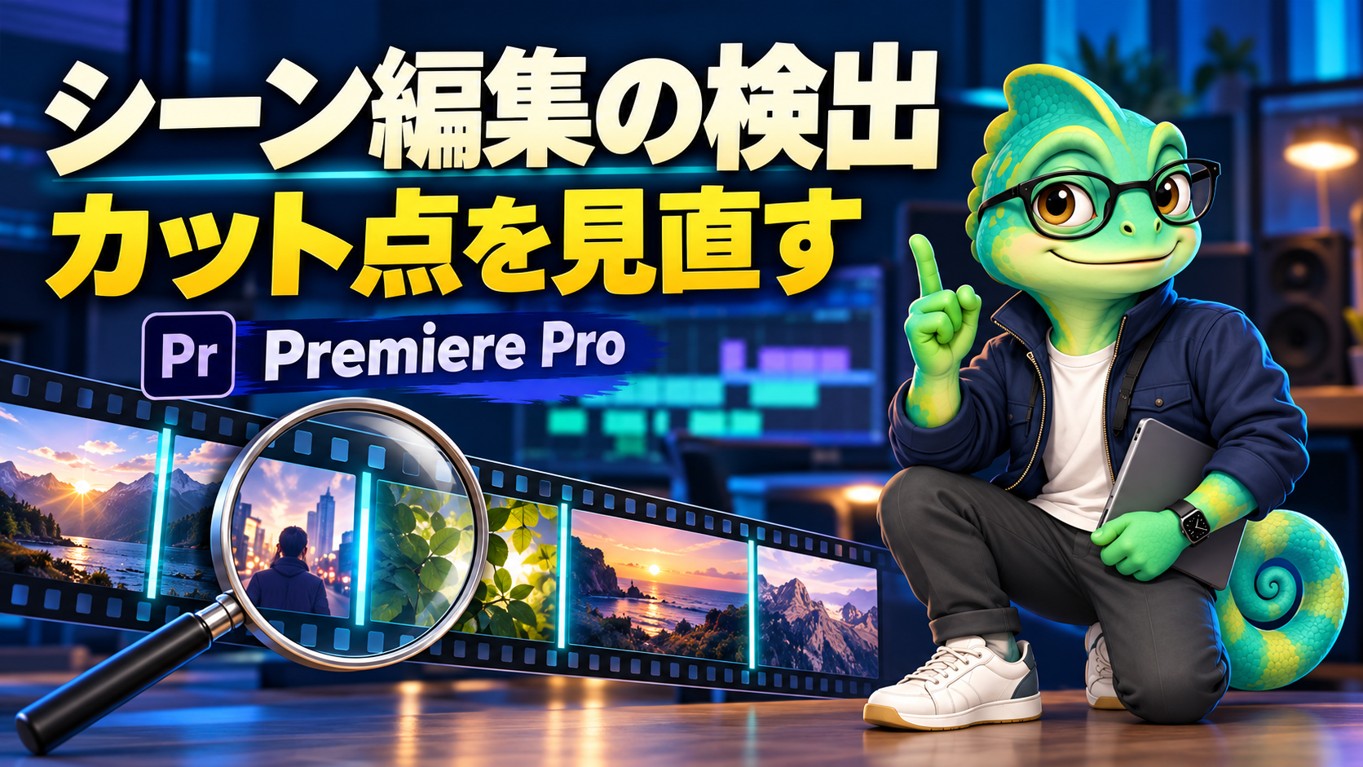 カメロがPremiere Proのシーン編集の検出とカット点の見直しを説明するイラスト